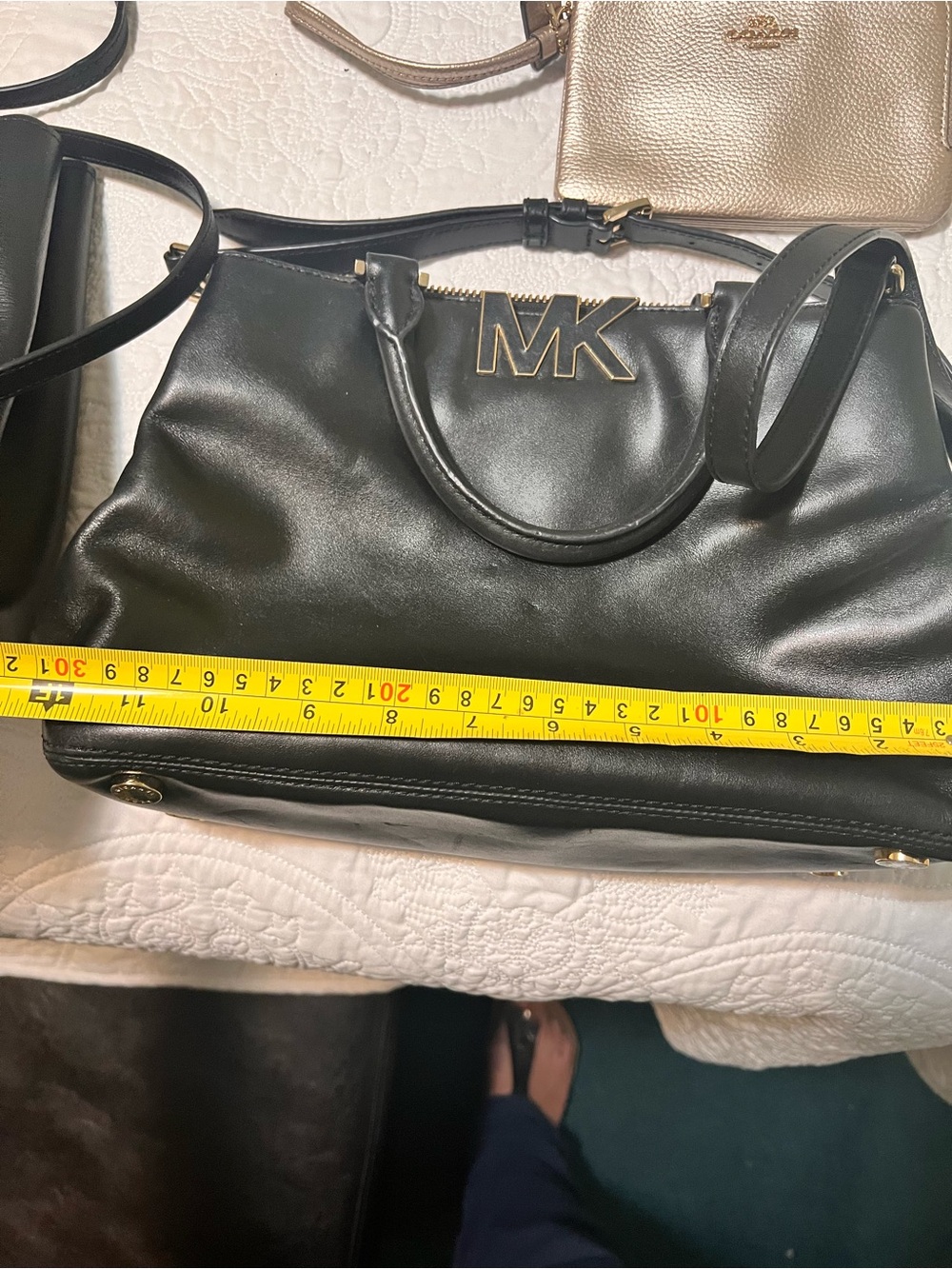 Michael Kors Black Leather Satchel with Gold MK Logo - Picture 5 of 6